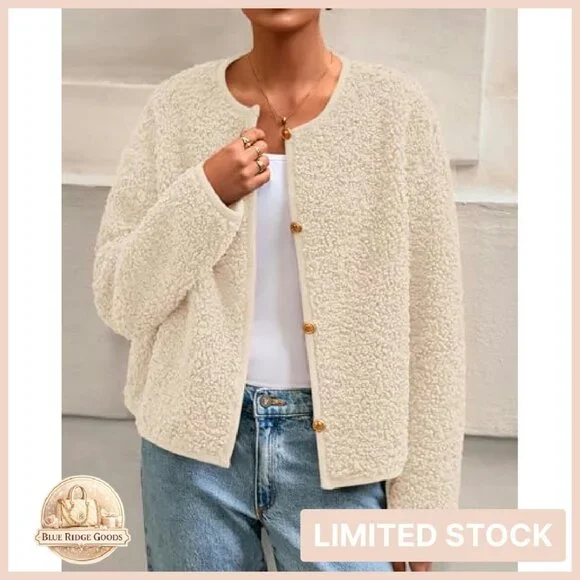 Cropped Faux Fur Jacket Sherpa Fleece Button Down Chic Winter Cozy